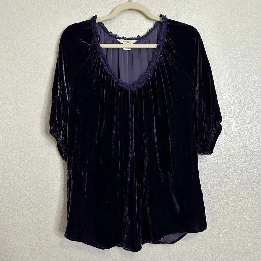 Sundance Silk Blend Velvet Deep Purple Balloon Sleeves Tunic Top, Sz Medium